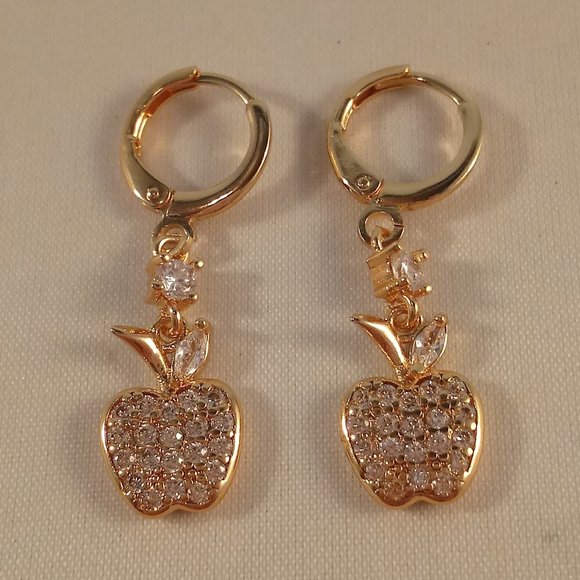 18K Yellow Gold Filled Apple Shape Leaf White Diamond Zircon Dangle Earrings - Picture 2 of 4